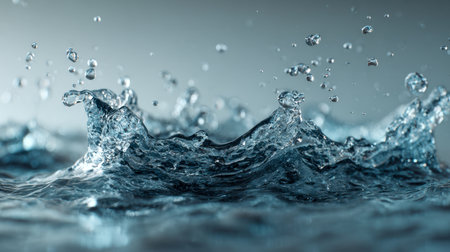 A vivid cascade of water droplets in energetic motion, set against a sleek gray backdrop, showcasing intricate detail and lively blue hues that evoke freshness and vの写真素材
