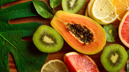 A colorful display of fresh tropical fruits, including juicy papaya, bright kiwi, zesty lemon, and tangy grapefruit, accented by dew-kissed green leaves on rustic woの写真素材