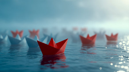 Delicate paper vessels drift serenely across tranquil waters, with a bold red boat marking the forefront amidst a gentle, misty atmosphere bathed in soft daylight.の写真素材