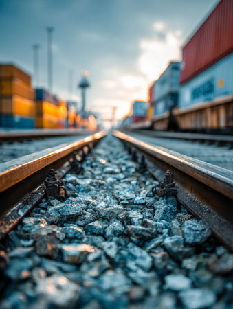 A vivid scene capturing railway lines stretching into the distance at sunset, flanked by coarse gravel and stacked cargo containers in a bustling industrial hub.の写真素材