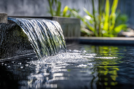 Tranquil streams pour gently from a rocky edge into a placid garden pool, surrounded by vibrant greenery softly faded in the background under bright daylight.の写真素材