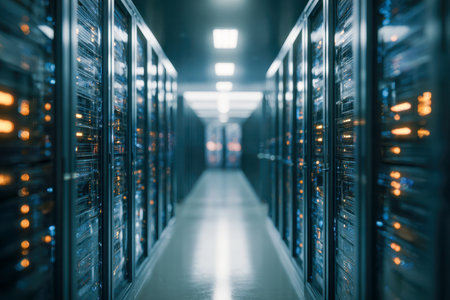 Bright, organized aisles highlight cutting-edge computing devices, emphasizing a sleek and efficient environment built for seamless digital connectivity.の写真素材