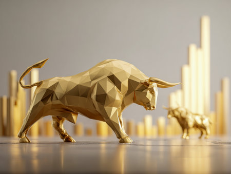 Elegant golden bull figures with faceted surfaces rest on a glossy plane, set against a blurred backdrop of rising financial indicators symbolizing robust economic eの写真素材