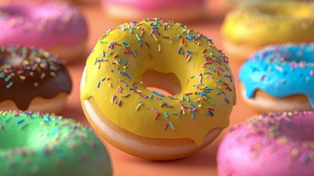 Brightly decorated chilled donuts glisten with pastel icing and lively sprinkles, arranged on a warm backdrop, evoking joy and sweetness for festive moments.の写真素材
