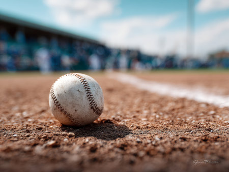A vintage baseball, showing signs of frequent play, lies on the rough, sun-kissed infield dirt beside the chalk boundary, with a lively crowd softly blurred behind.の写真素材
