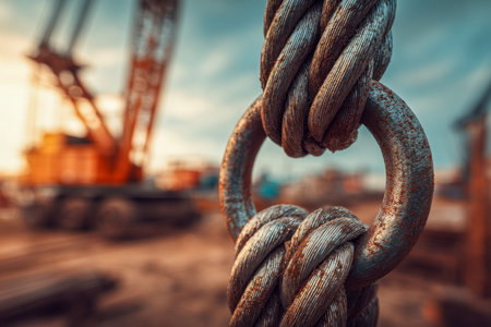 Close-up of rugged steel cables intertwined and fastened by a sturdy metal ring, set against a softly blurred industrial backdrop with active machinery.の写真素材