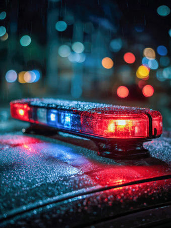 Vibrant red and blue beacon lights cut through a rain-soaked night, their reflections shimmering on wet surfaces against a softly blurred, illuminated cityscape.の写真素材