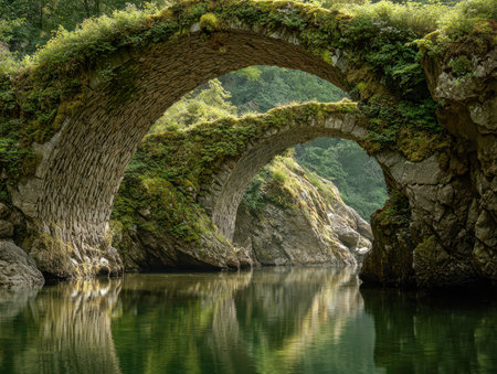 Tranquil woodland scene featuring weathered stone bridges cloaked in moss, gracefully spanning still river currents amid vibrant foliage, evoking serenity and timeleの写真素材