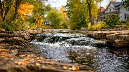 A serene river winds past rugged stones, surrounded by vibrant autumn leaves, with charming cottages nestled against a gentle sky glow.の写真素材