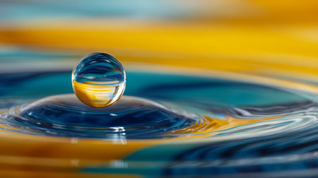 A luminous droplet hovers above textured water, capturing vivid shades of blue and gold that create a hypnotic, artistically abstract scene in macro detail.の写真素材