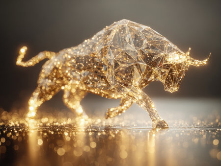 A radiant, geometric golden sculpture of a bull glows with interconnected luminous nodes, reflecting bold resilience and dynamic energy on a sleek surface.の写真素材