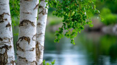 Verdant spring foliage lines a serene riverbank, where slender white birch trunks stand tall beneath gentle sunlight, creating a peaceful woodland scene.の写真素材