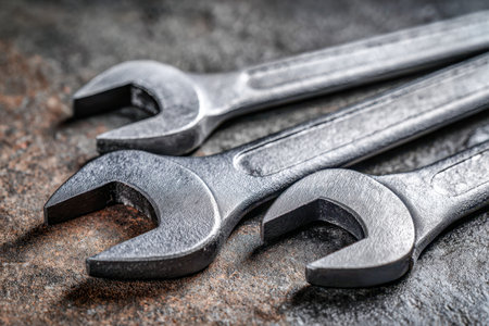 Three worn metal wrenches staggered diagonally on a rough surface, showing their tough industrial character and rustic, weathered finish.の写真素材