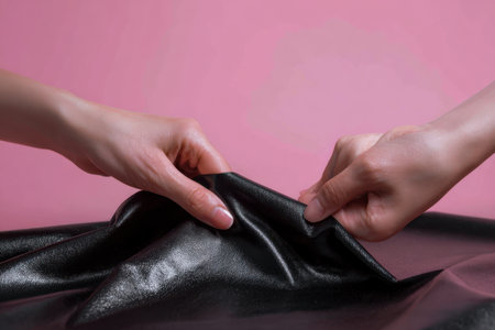 Delicate hands manipulate a supple black leather swatch, revealing its intricate grain and stretchability, set against a sleek, pastel pink backdrop for creative insの写真素材