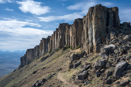 A striking, jagged cliff rises dramatically above a textured rocky terrain, illuminated by gentle daylight against a crisp blue sky and distant mountain silhouettes.の写真素材