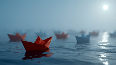 Vibrant paper vessels drift softly across tranquil waters, bathed in gentle dawn glow, with a light mist enhancing the scene's calmness and introspective mood.の写真素材