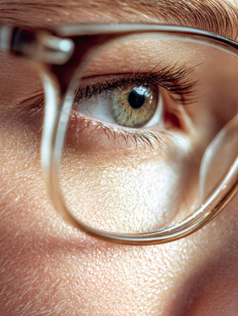 An intimate close-up showcases a gaze through sleek, clear spectacles, emphasizing the delicate eyelashes and subtle skin textures illuminated by gentle, natural ligの写真素材