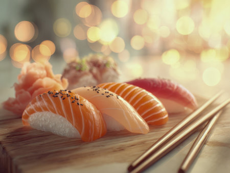 A colorful selection of sushi nigiri and rolls displayed on a rustic wooden surface, accented with slices of ginger and elegant chopsticks, bathed in soft, warm lighの写真素材