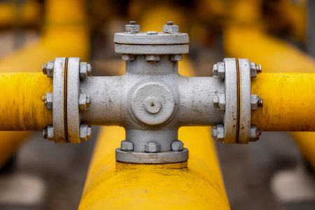 Close-up of sturdy metal fittings secured by bolts and flanges, linking vibrant yellow pipes in an industrial environment designed for fluid or gas conveyanceの写真素材