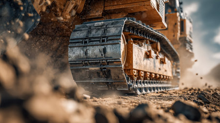 A powerful excavator's metal treads churn through rugged terrain, stirring up dust under stark lighting, capturing raw energy and intense industrial motion.の写真素材