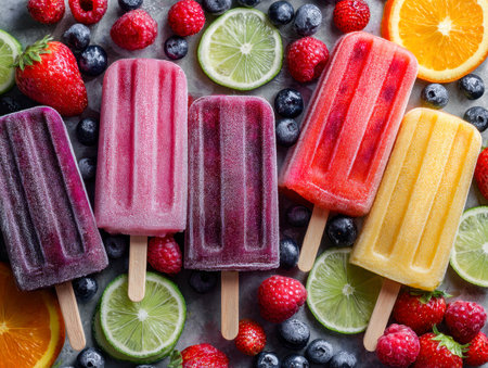 A vibrant summer display features icy, multi-hued fruit bars amid juicy berries and citrus slices, evoking cool, natural refreshment and lively flavor combinations.の写真素材