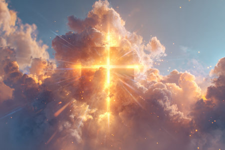 A luminous golden cross stands out against a backdrop of vivid, swirling clouds, with radiant rays piercing the sky, creating an otherworldly, serene sunrise or sunsの写真素材