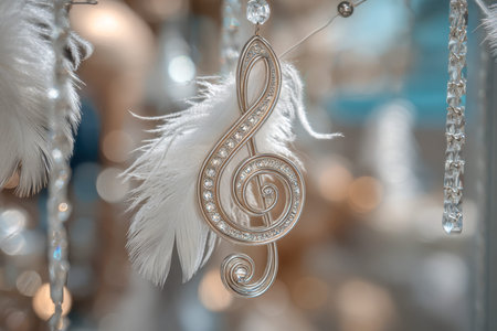 A luminous musical symbol necklace, embellished with glistening stones and soft feathers, delicately nestled among luminous glass orbs, evoking a serene, fairytale aの写真素材