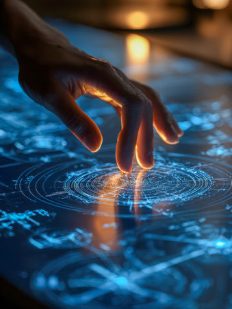 A individual engages with an advanced holographic display of intricate blue visuals, illuminating a dark, futuristic workspace filled with cutting-edge technology.の写真素材