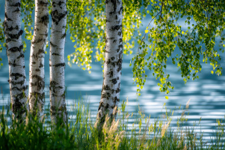 Tall birch trees adorned with vibrant new foliage border a tranquil lake, their mirror-like surface capturing golden afternoon sunlight in a calming spring scene.の写真素材