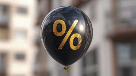 A sleek black balloon featuring a reflective gold percent icon drifts against a softly blurred cityscape, evoking themes of savings, deals, and economic opportunitieの写真素材