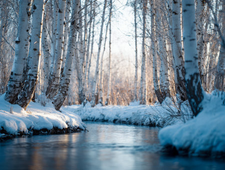 A peaceful dawn scene features a gentle river winding through frosted birch trees, bathed in warm, diffused sunlight amid a quiet, snow-blanketed forest.の写真素材