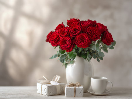 A stylish arrangement of crimson roses in a sleek white container, complemented by neatly wrapped presents with fine ribbons and a minimalistic white mug on a soft-tの写真素材