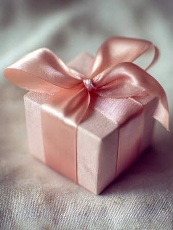 A delicate pink satin package adorned with a plush bow, exuding sophistication and charm, perfect for special moments and heartfelt surprises.の写真素材