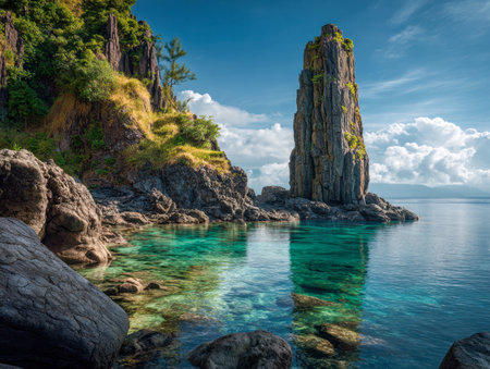 Calm, sunlit waters lap against a pristine shoreline, framed by a dramatic cliff rising majestically under a bright sky dotted with soft clouds.の写真素材