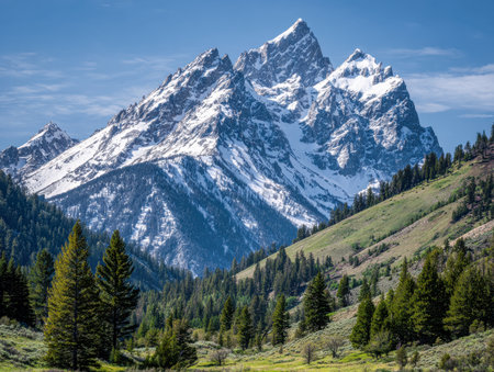 Towering peaks crowned in snow stretch across a vivid sky, overlooking vibrant, verdant valleys filled with dense forests on a radiant sunny afternoon.の写真素材