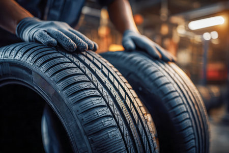 A skilled technician carefully examines fresh tires in a bright, organized workshop, ensuring optimal quality and safety standards before installation.の写真素材