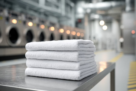 Pristine white towels are meticulously folded and stacked on a sleek stainless steel surface, with contemporary industrial laundry equipment subtly visible behind.の写真素材