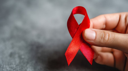 A gentle hand presents a vibrant red ribbon against a subdued neutral backdrop, illuminated to emphasize compassion and solidarity for health-related initiatives.の写真素材