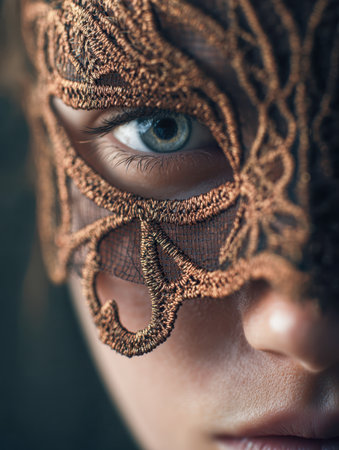 A captivating portrait capturing a person?s piercing stare through a delicate lace mask, illuminated by gentle natural light that accentuates the detailed craftsmansの写真素材