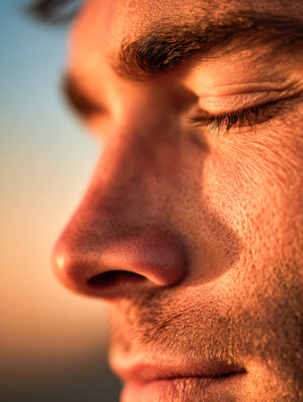 A tranquil male figure with eyes shut, basking in gentle golden light, highlighting skin details and capturing a peaceful, introspective moment outdoors at sunset.の写真素材