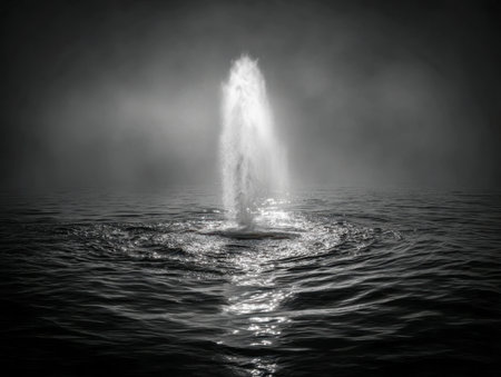 A swirling column rises suddenly from placid dark waters, casting shimmering reflections amid a foggy haze, evoking an enigmatic and atmospheric seascape.の写真素材