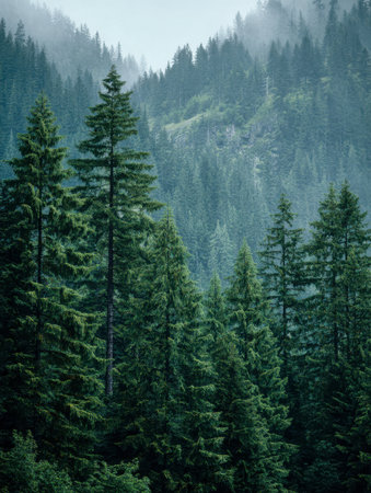Verdant pine-covered slopes shrouded in morning fog evoke tranquility within a majestic mountain backdrop, immersing viewers in untouched wilderness serenity.の写真素材