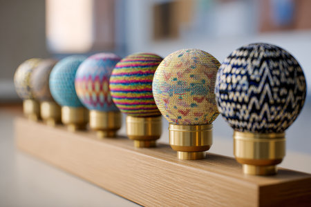 Vibrant fabric-covered spheres with elegant brass supports line a wooden platform, creating a lively centerpiece against a sleek, contemporary interior with softenedの写真素材