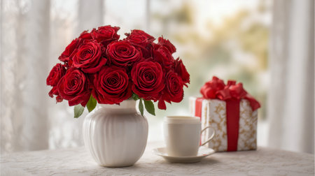 A charming arrangement of fiery red roses in a sleek white vase complements a cozy cup and a thoughtfully wrapped present with a matching crimson ribbon, all glowingの写真素材