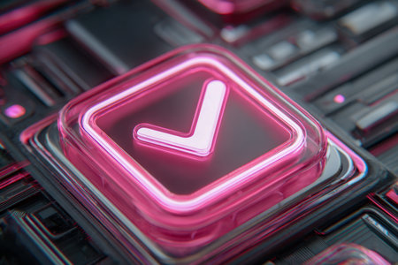 A vibrant neon pink emblem of endorsement radiates against a polished digital backdrop, showing cutting-edge tech aesthetics and contemporary interface design.の写真素材