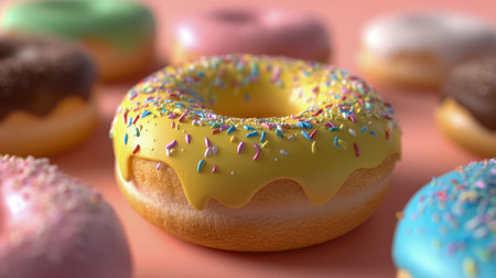 Brightly colored glazed donuts topped with lively sprinkles and vivid frostings are artfully arranged on a gentle pastel backdrop, creating a joyful and inviting treの写真素材