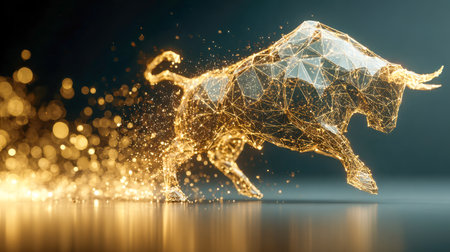 A luminous geometric bull crafted from interconnected glowing lines and particles, radiating power and vitality amid a dark, intense atmosphere.の写真素材