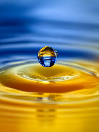 A luminous droplet hovers amidst shimmering golden waves, set against rich indigo waters, capturing the essence of delicate balance and vibrant color interplay.の写真素材