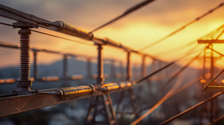 A series of towering electric pylons and glaming insulators extend across rugged mountains under a fiery sunset sky, evoking a sense of energy and natural grandeur.の写真素材