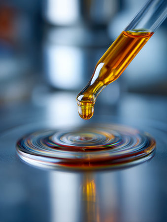 A slender pipette deposits a shimmering gold droplet onto a smooth glass surface, spreading ripples amidst a softly blurred lab environment that radiates precision aの写真素材